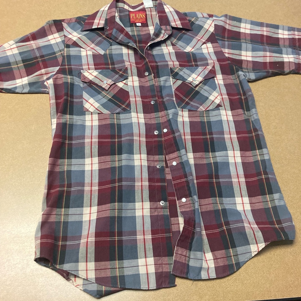 Plains Western Wear Shirt Mens Small Red And BluePlaid Pearl Snap Button Western